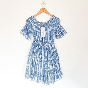 Vintage Ibiza Women’s Lightweight Cotton Blue and White Bobbin Off the Shoulder